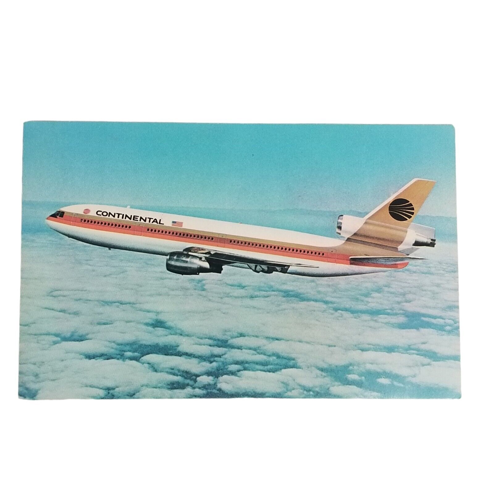 Continental Airlines DC-10 Luxury Passenger Airplane in Flight Sky Clouds Vtg 