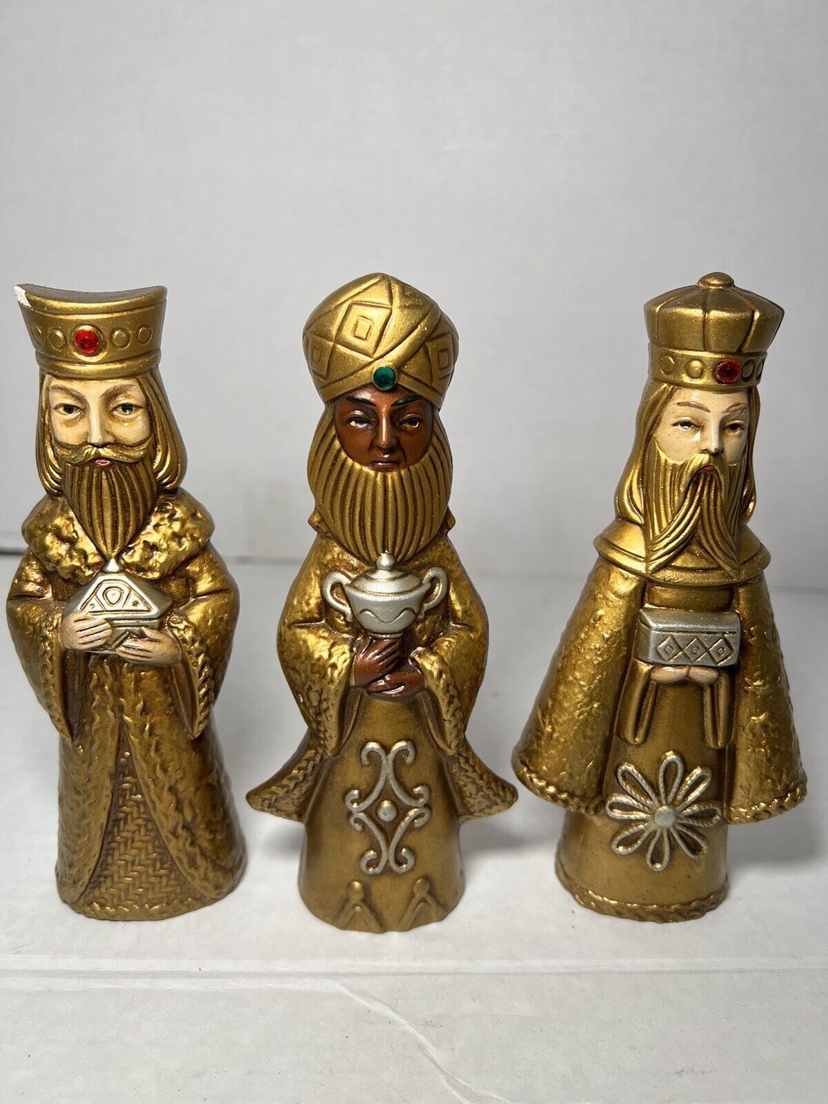 VTG 3 Three Kings Wise Men Christmas Nativity Figures Statues Gold Tones 6” Tall
