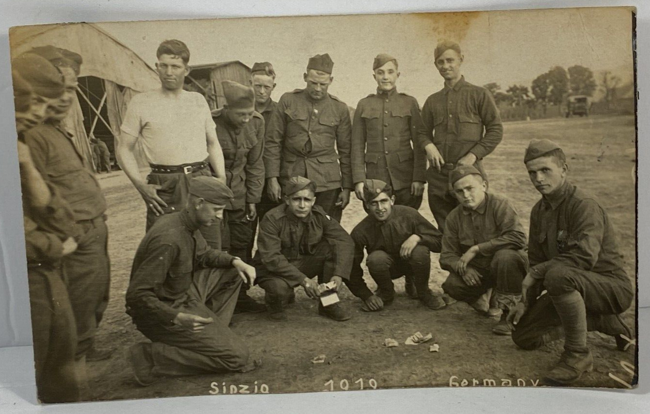 Postcard B&W RPPC WWI Military Army Doughboy  Soldiers 1919  Germany Gambling