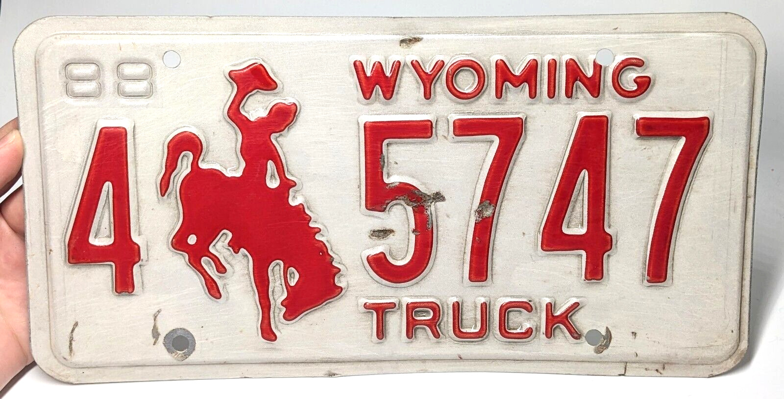 Vintage 1988 Wyoming License Plate for Truck, Cowboy Bronco Design