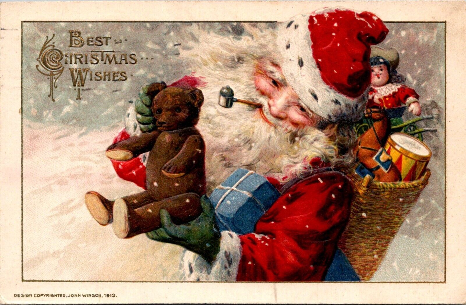 1913 Winsch GERMANY Christmas Postcard Santa Smokes Pipe Holds Teddy Bear Doll
