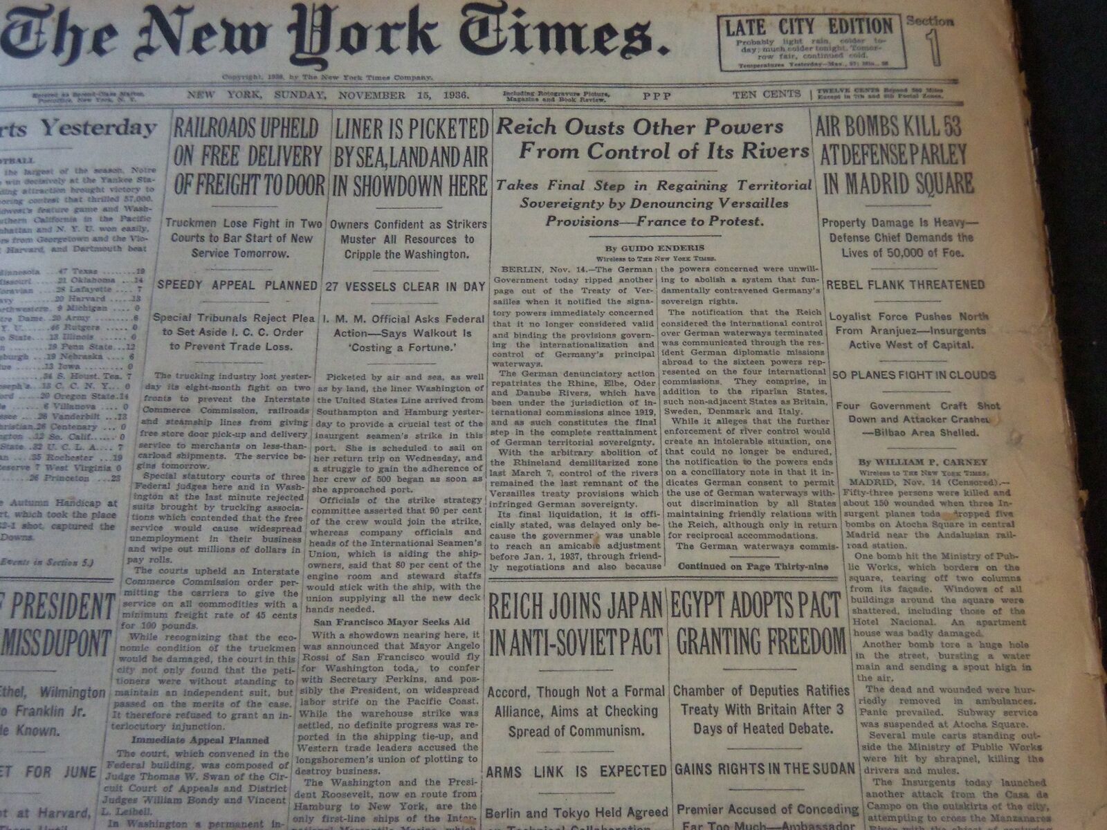 1936 NOVEMBER 15 NEW YORK TIMES - AIR BOMBS KILL 53 IN MADRID SQUARE - NT 6713