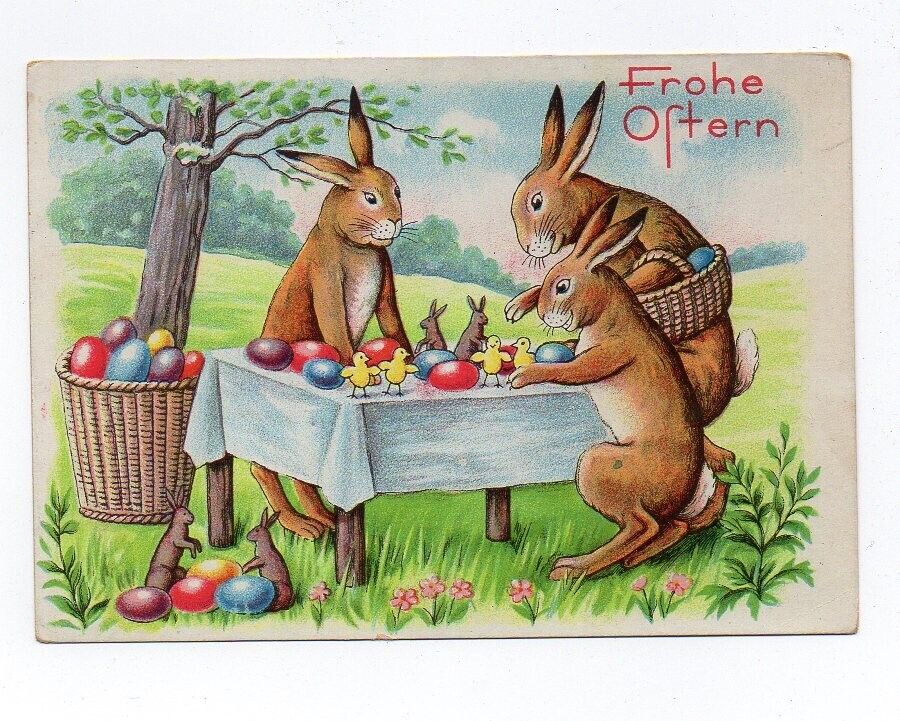 DB Postcard, Frohe Ostern, Happy Easter, Rabbits with Easter Toys, Candy