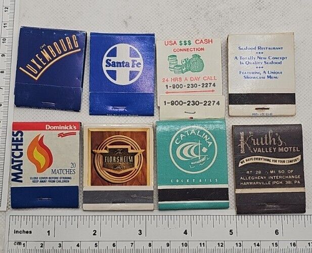 Vintage Matchbook Collectible Ephemera lot of 8 matchbooks advertising unused. 