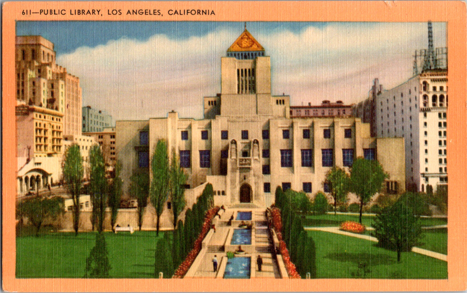 Vintage 1930s Public Library Park Setting Water Fountain Los Angeles CA Postcard