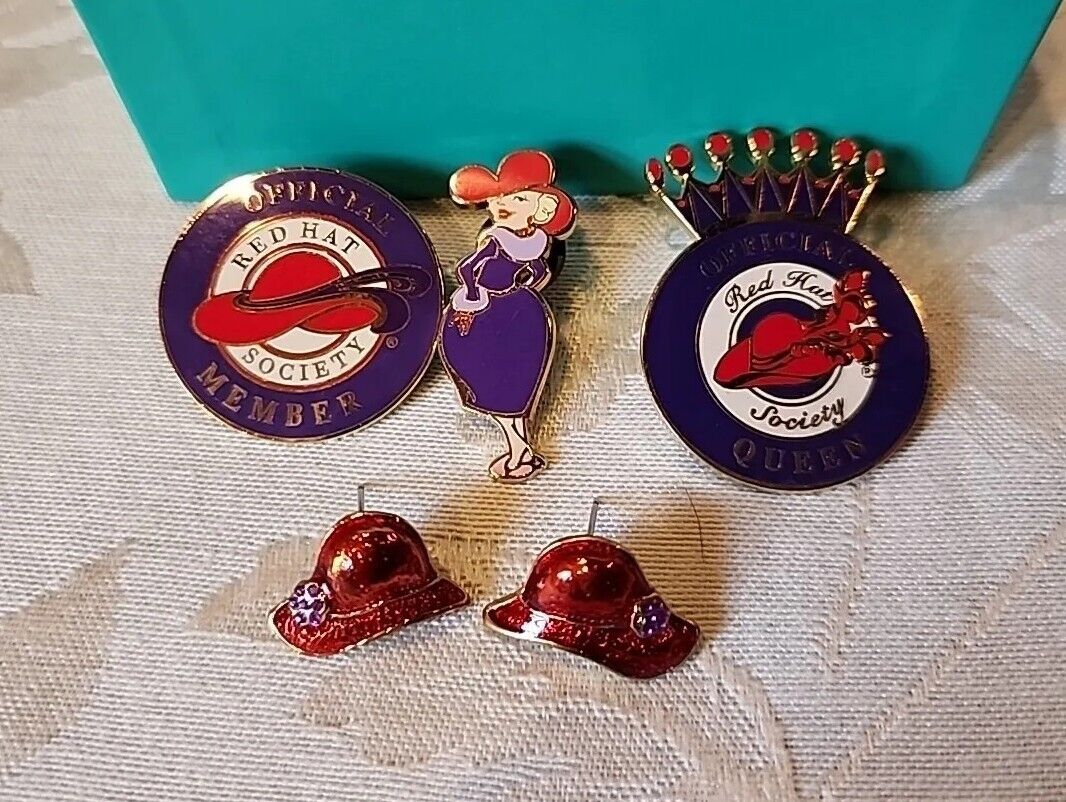 Red Hat Society Official Queen Unique Lapel Pins & Pierrced Earrings Lot of 4 