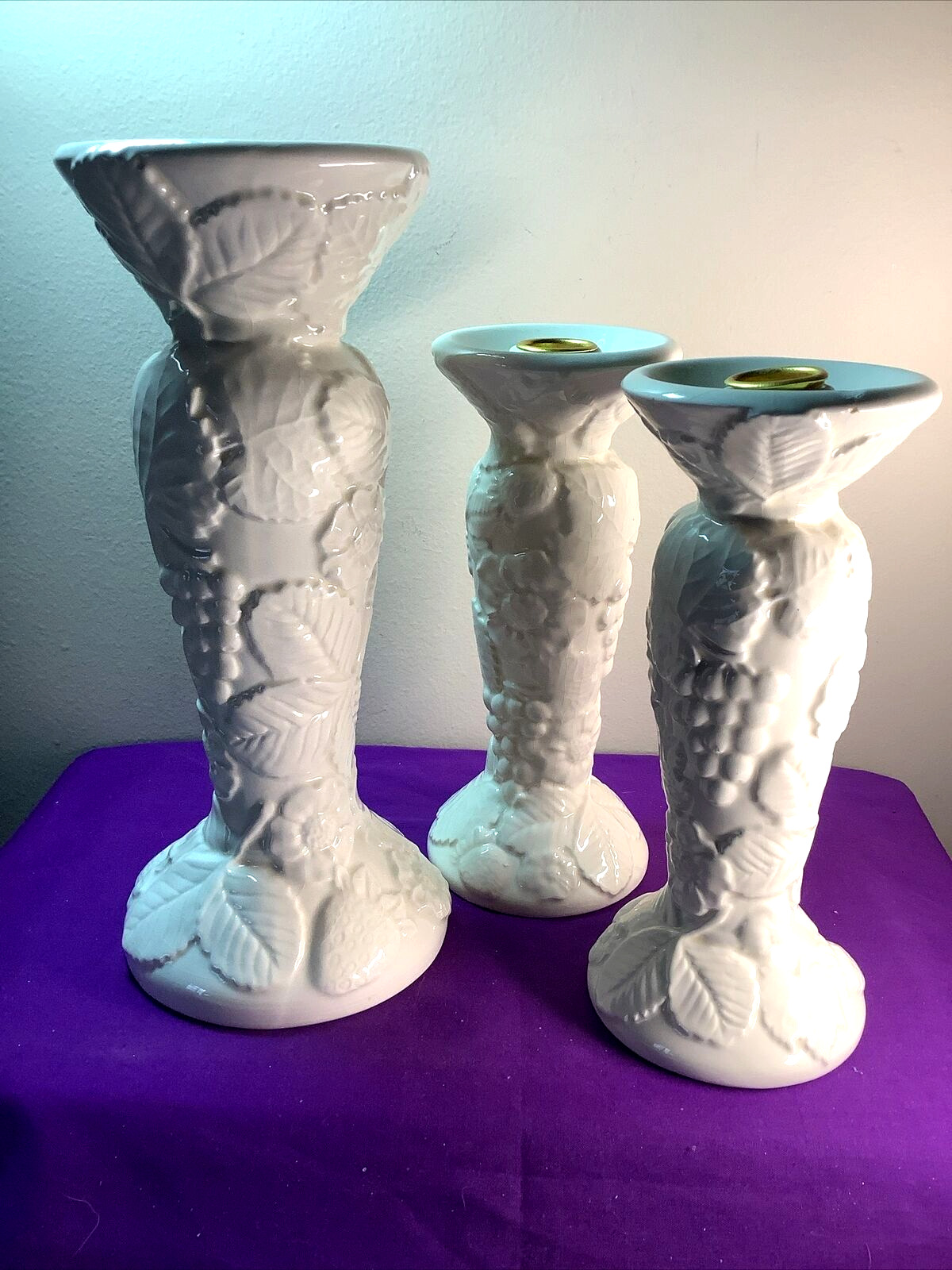 Lot Set 3 Column Fruit Candle Holders Ceramic Grapes Flower Pillar Taper     278