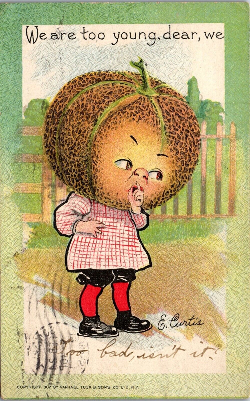 Vintage Postcard Tuck\'s Humor Garden Patch Cantaloupe Can\'t Elope Fantasy 1908 