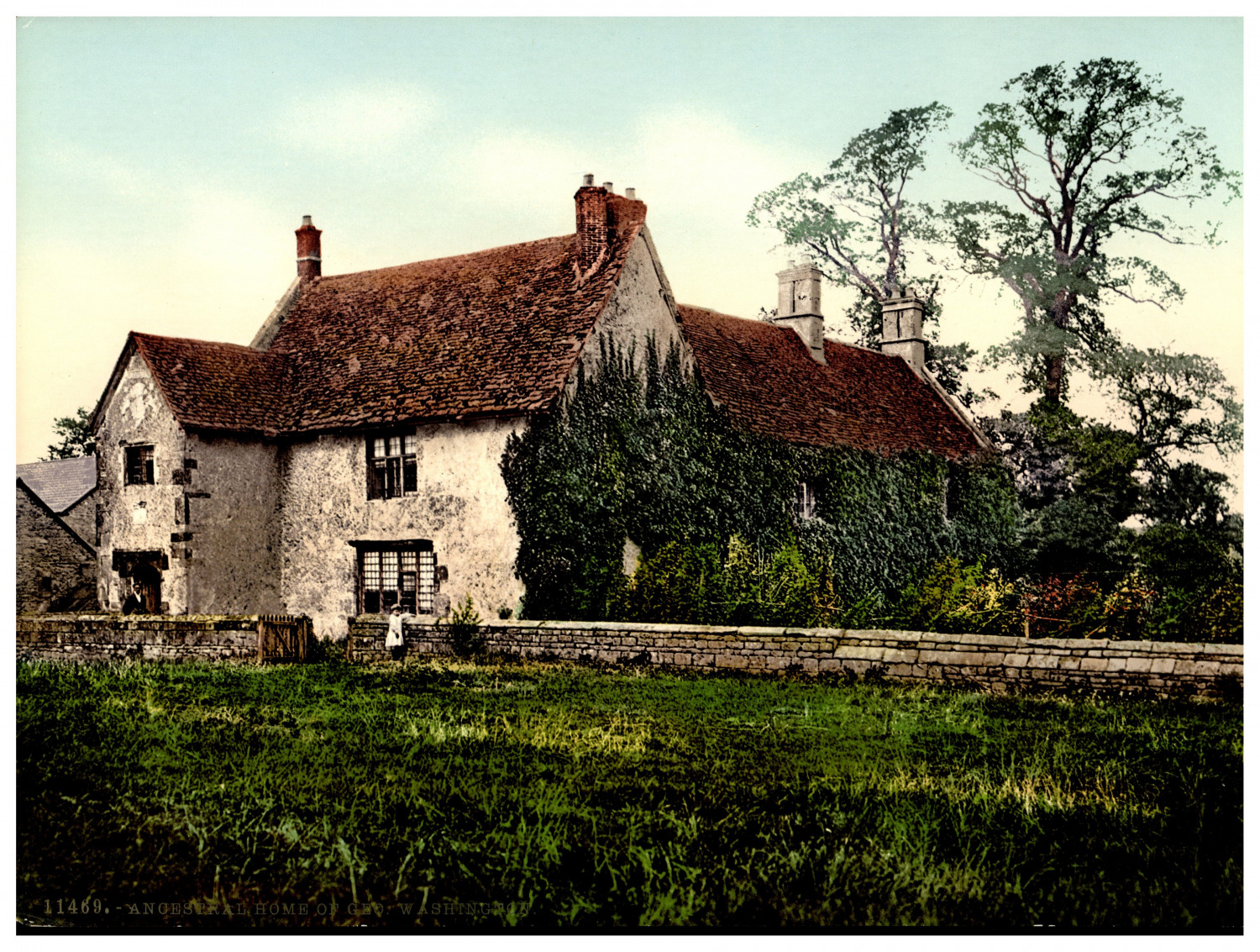 England. Ancestral Home of G. Washington.  Vintage Photochrome by P.Z, Photoch