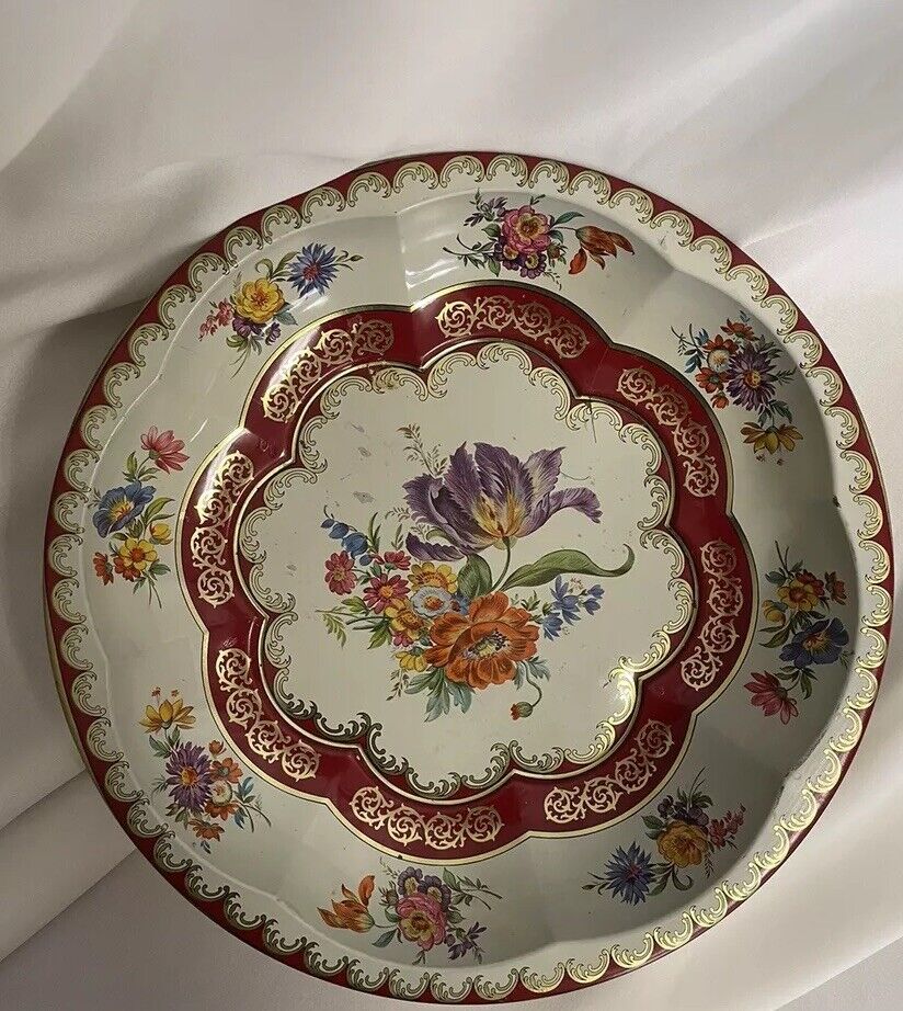 Vintage 1971 Daher Decorated Ware Floral Metal Tin Bowl Tray Made in England 10”