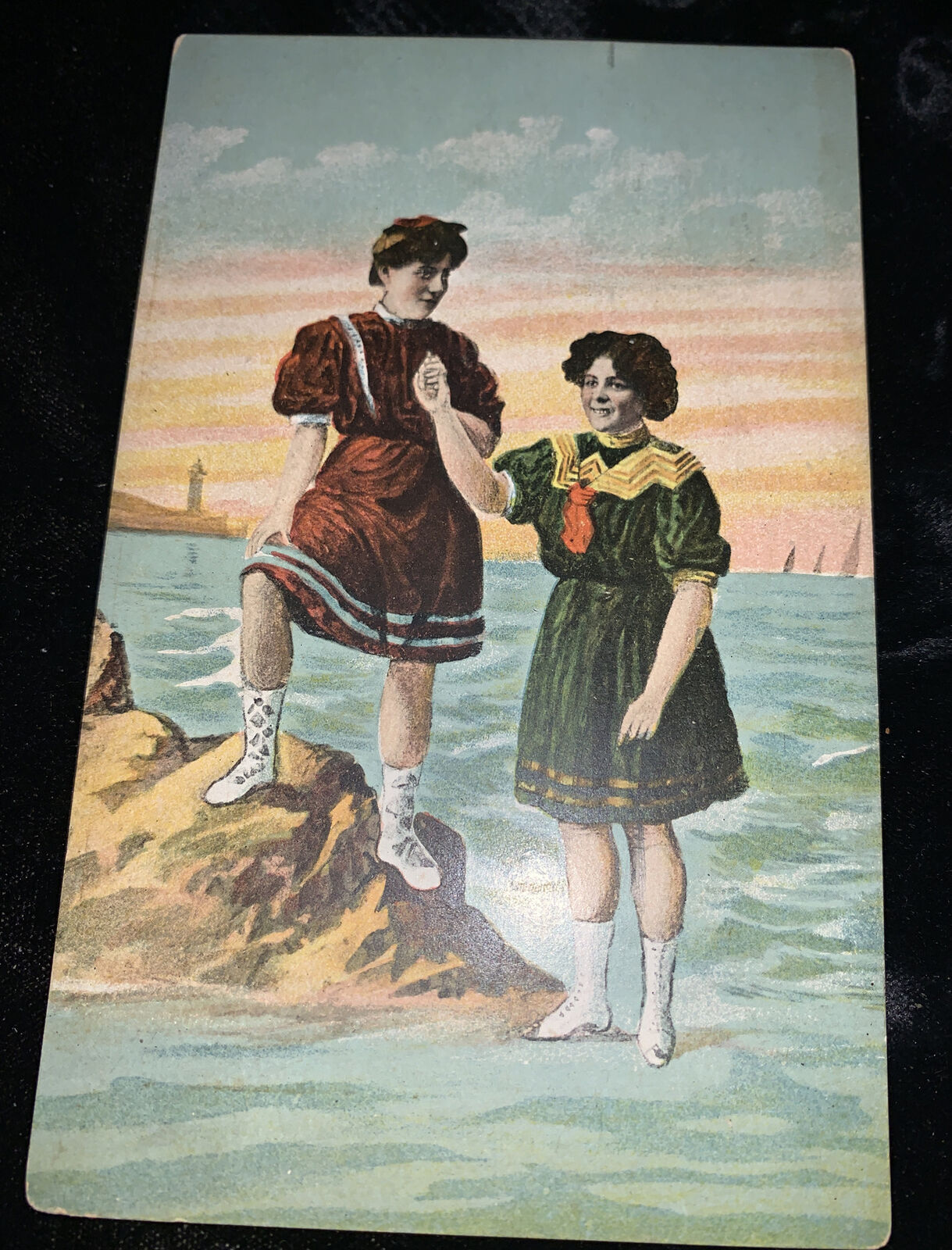 1908 Two Bathing Beauties Illustrated Postcard Antique Swimsuits Seashore