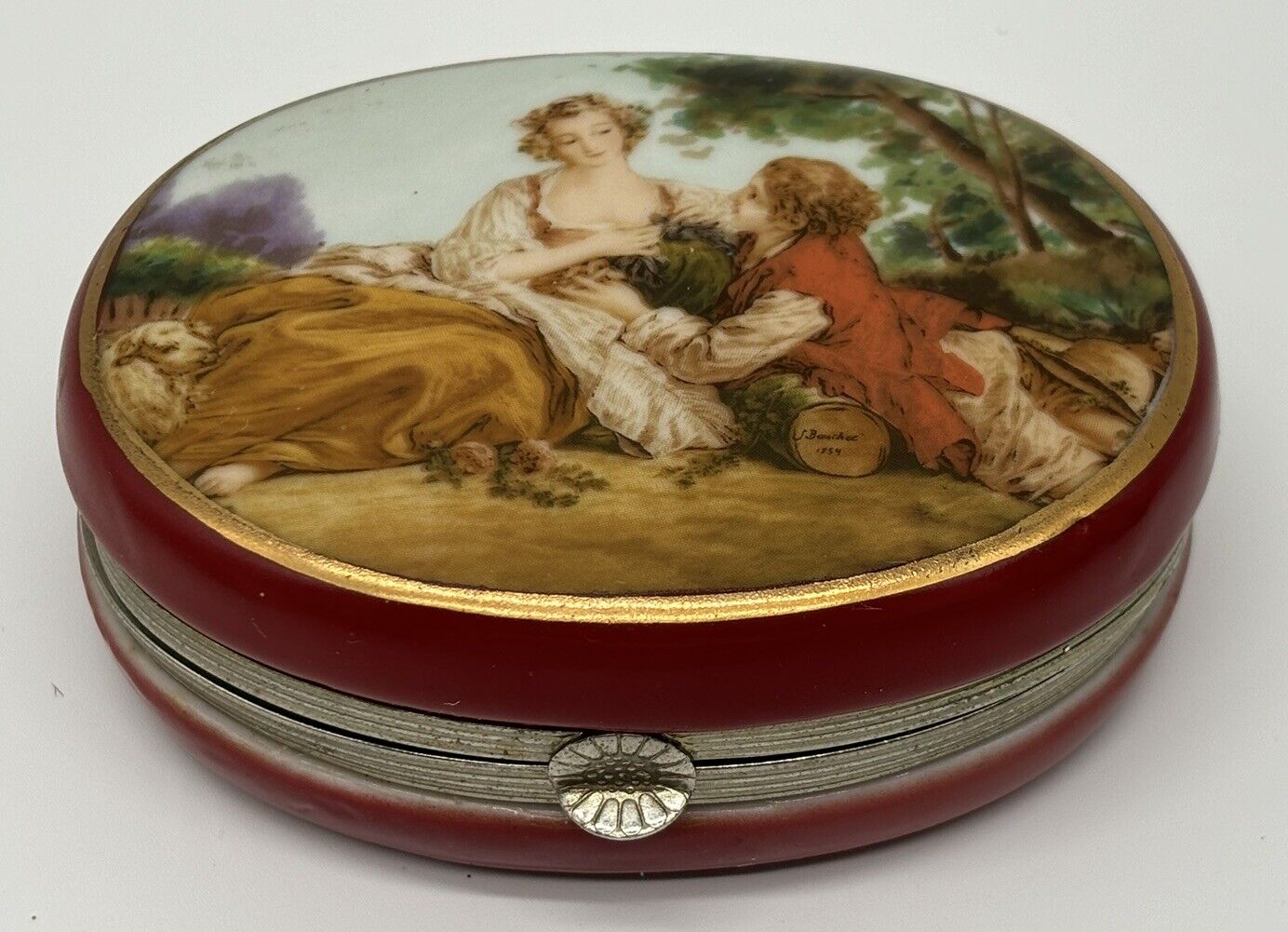 Vintage Trinket Box Porcelain Cover Design By Francois Boucher Victorian Hinged