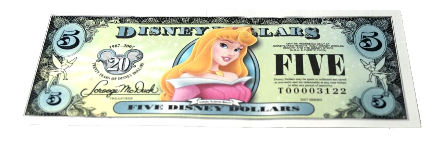 One $5 Five Disney Dollar Aurora 2007 \