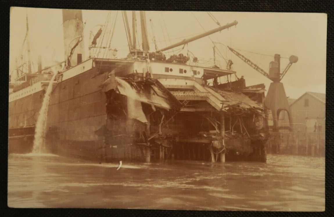 SS Suevic Wreckage in Harbor Postcard Steamship RPPC Ocean Liner Black & White