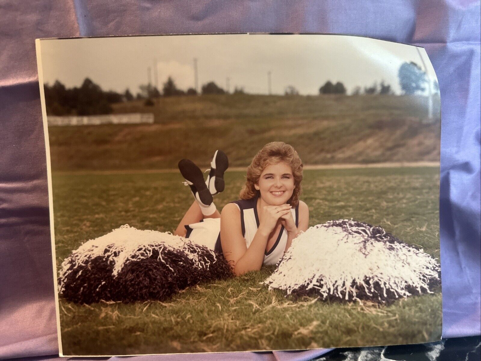 1981 8x10 Color Photo Cheerleader Teen In Football Field Posing