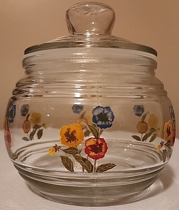 Vintage KIG Indonesia Poppy Flowers Glass Candy Mint Nut Jar with Sealing Lid