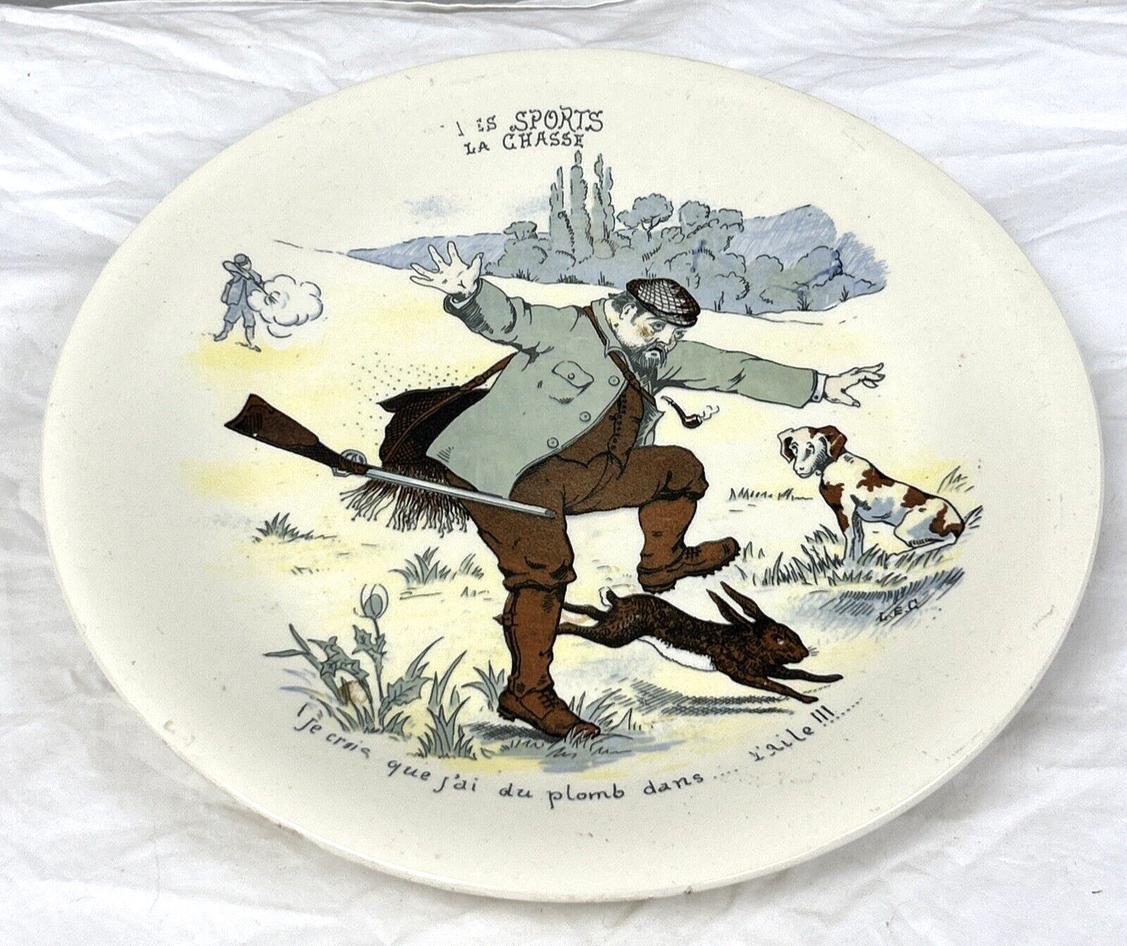 LES SPORTS La Chasse Comic Antique Plate Belgium Boch La Louviere Hunting