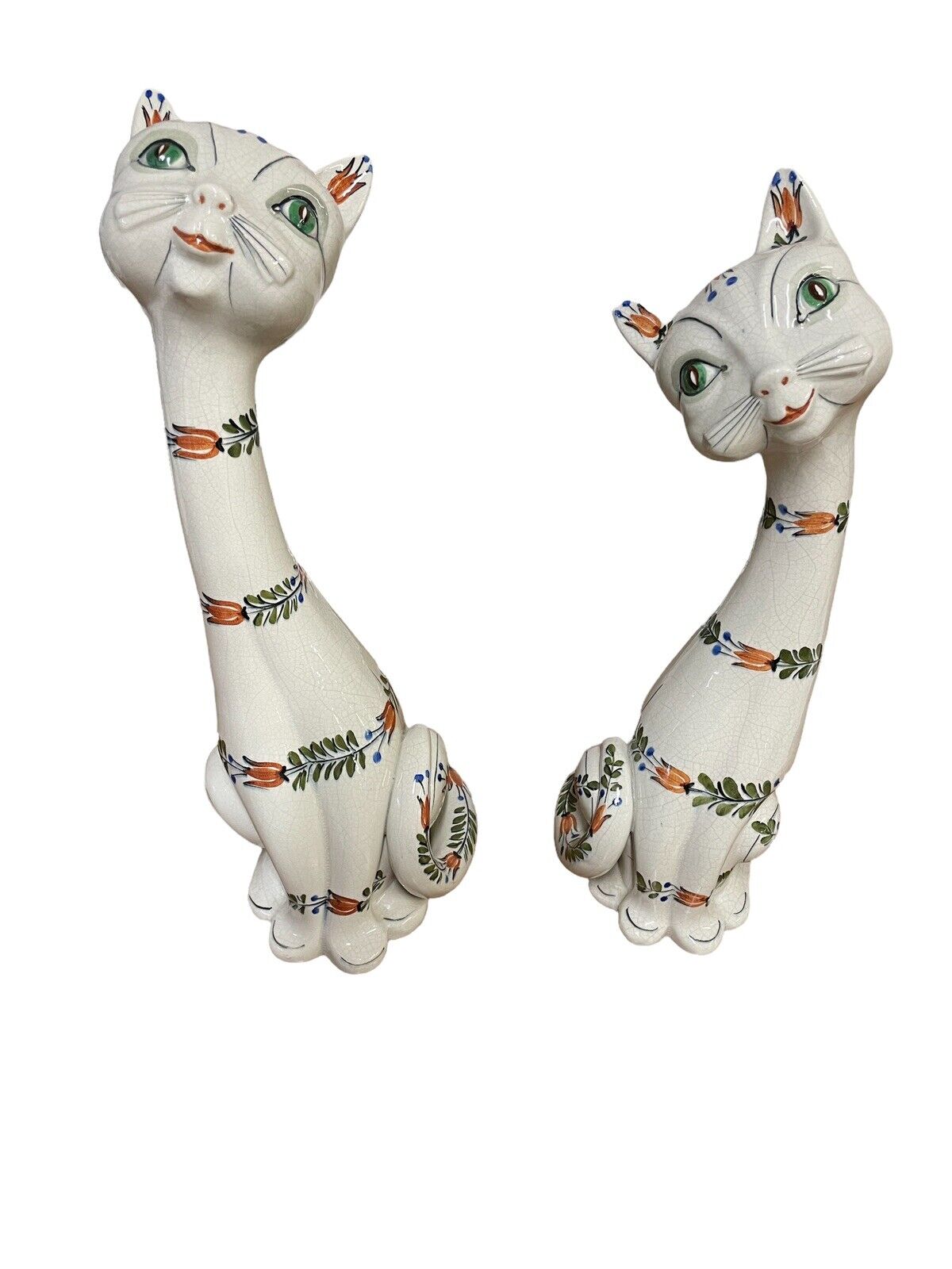Vintage Pair of Mid Century Modern MCM Tall Long Neck Cats Italy Hand Painted 