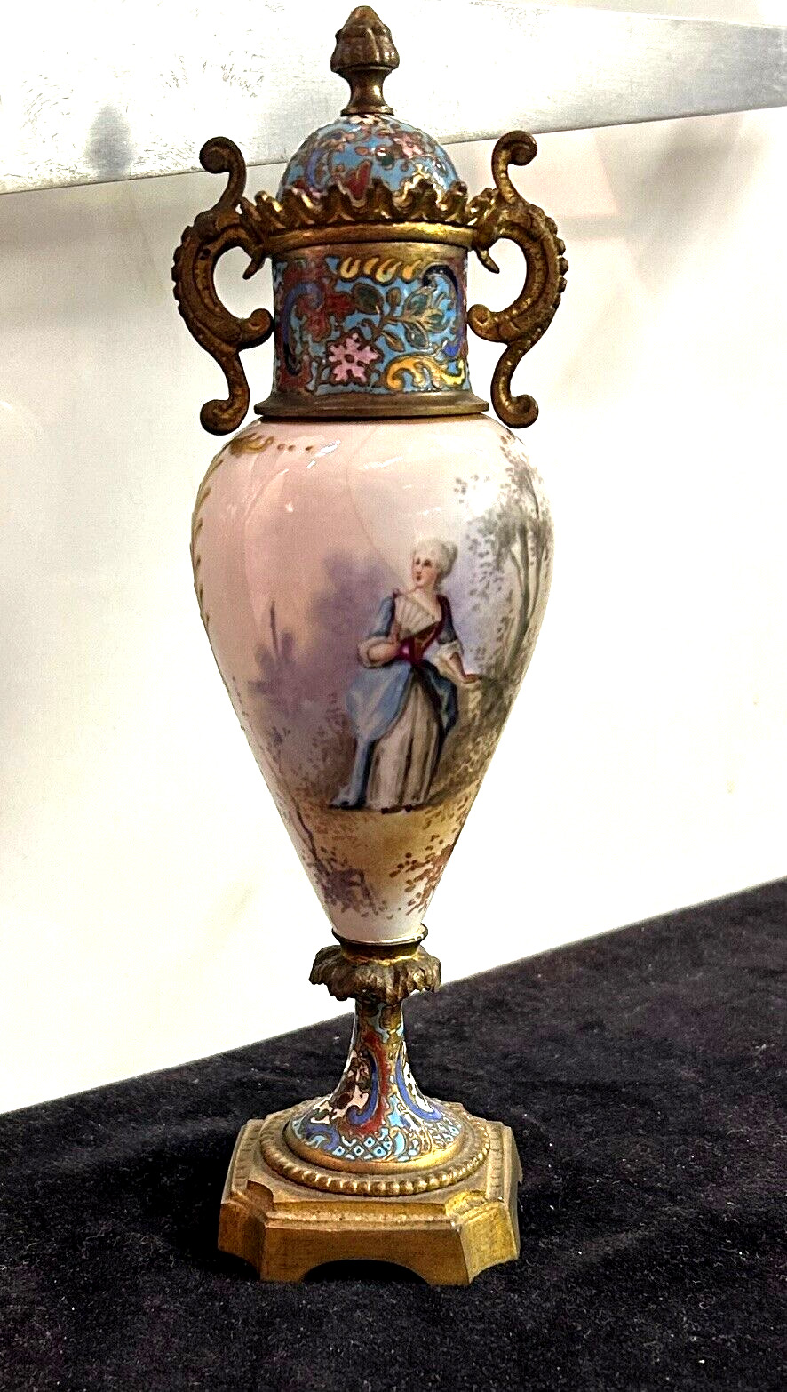 French Sevres Champleve Hand Painted Porcelain Bronze Urn