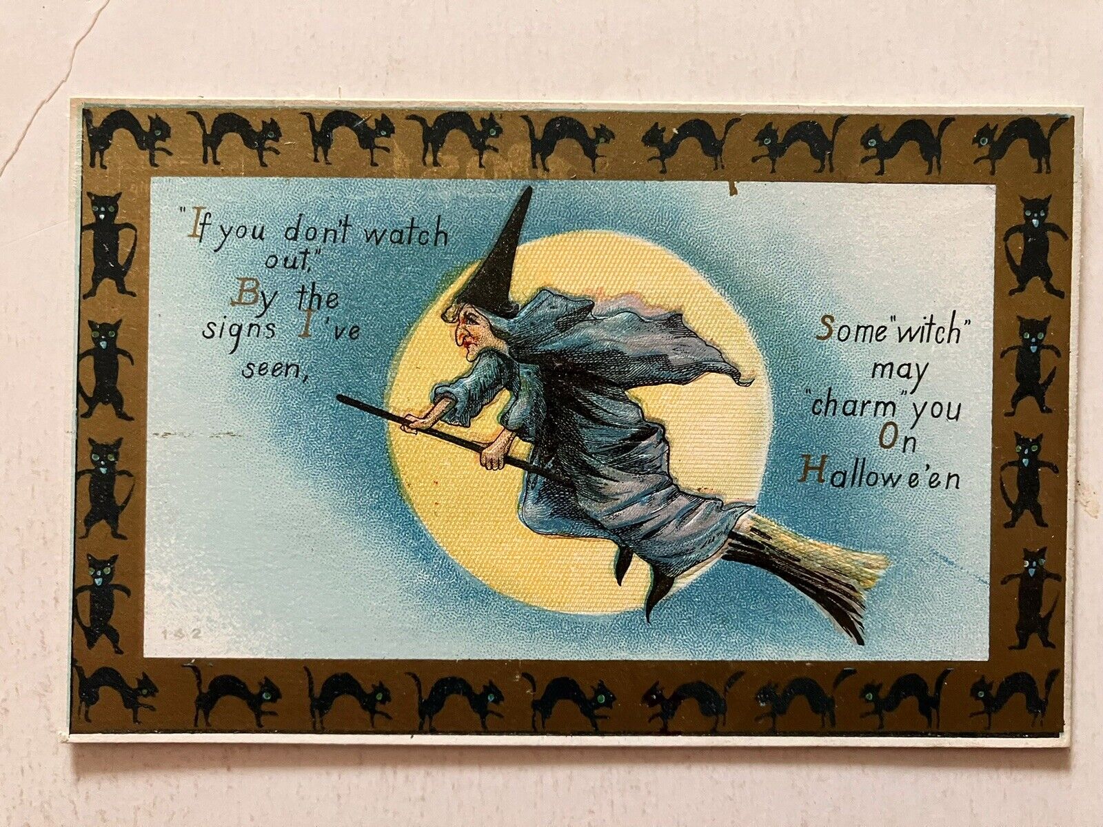 1912 Witch on Broom Flying by Full Moon Halloween post card #142