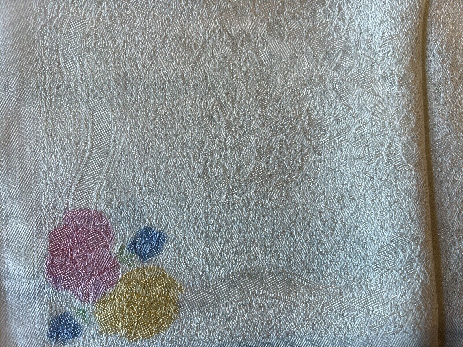 Vintage (antique?)  4 x White Damask napkins with Pink, Blue & Yellow Flowers
