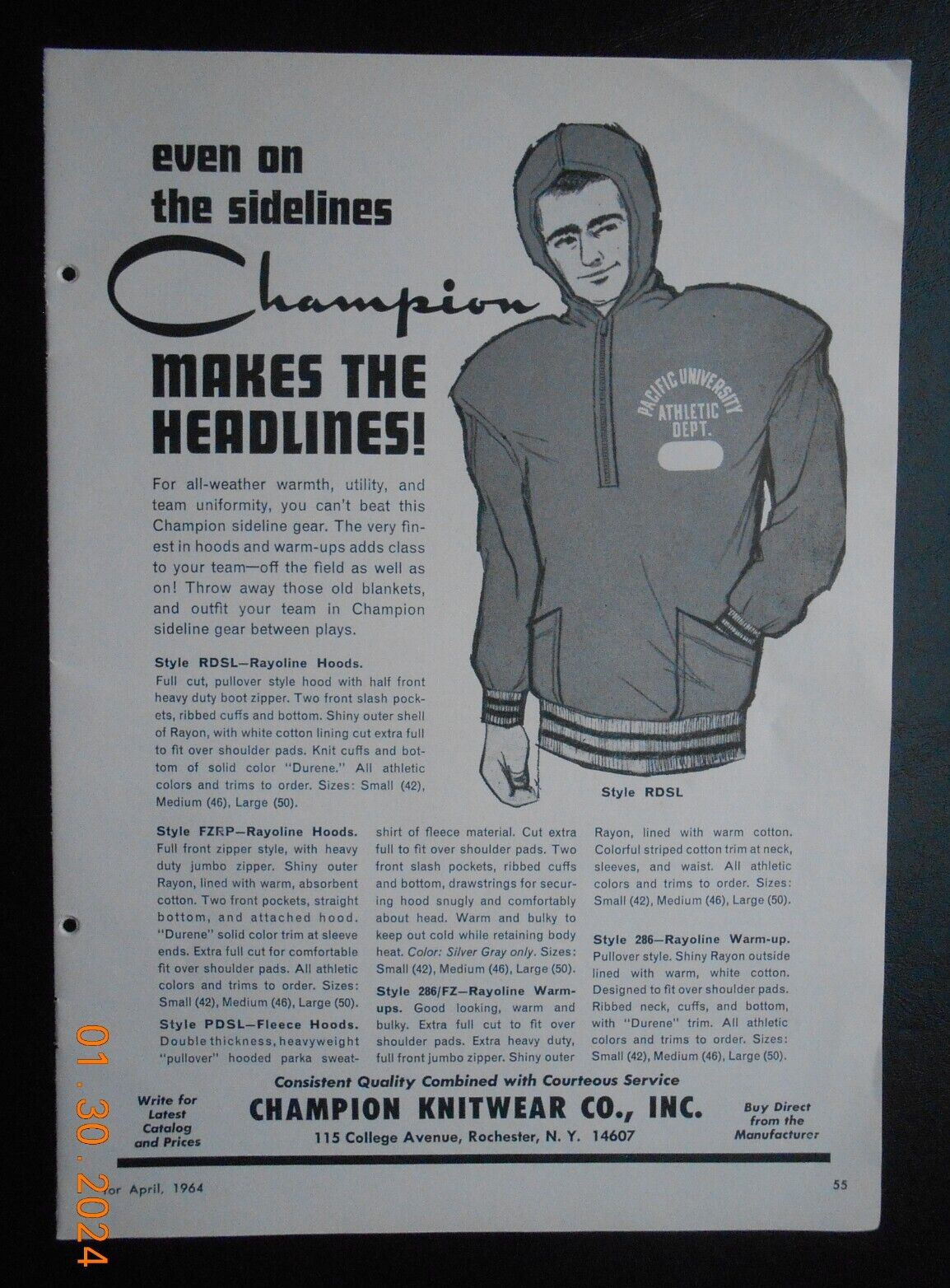 1964 Champion Knitwear CO Rochester NY Hoody Hoodie print ad Pacific University