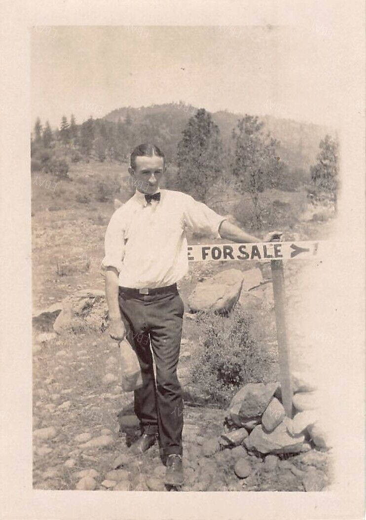 Old Photo Snapshot Man Beside For Sale Lot Sign #11 Z22