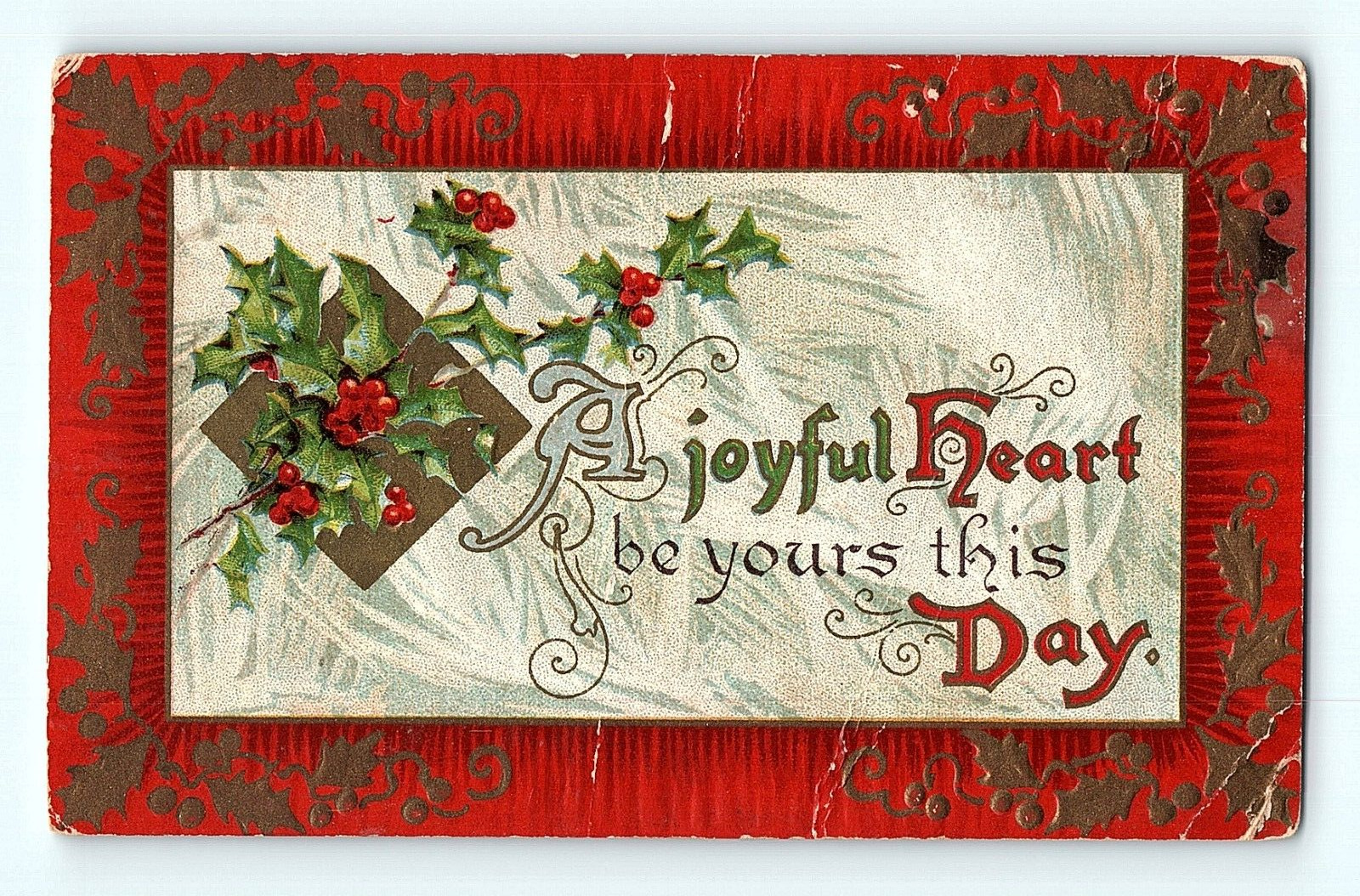 Poinsettia Christmas Joyful Heart Red Border Gold Tuck Vintage Postcard E5