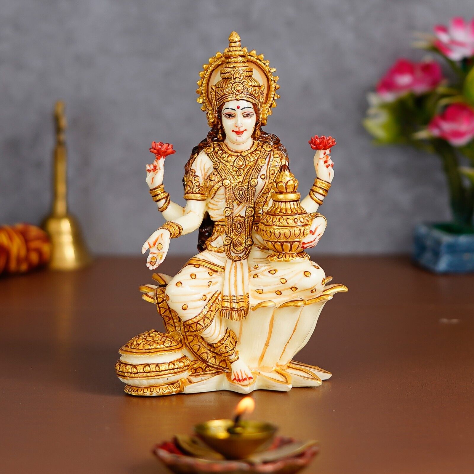 Hindu Goddess Devi Laxmi Sitting On Lotus Figurine Maa Lakshmi Sculpture Statue