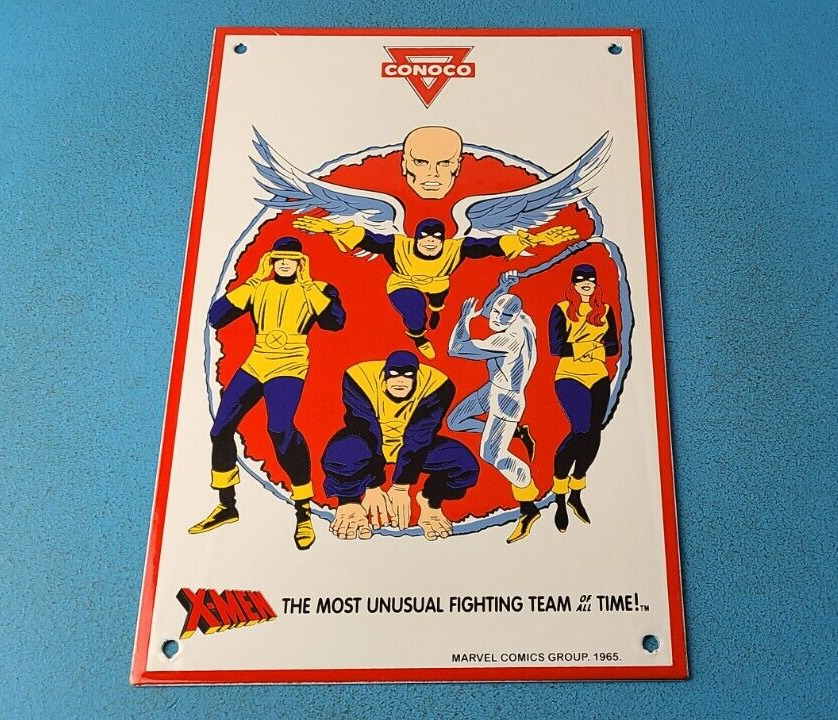 Vintage Conoco Gasoline Porcelain Sign - X-Men Marvel Comics Group Gas Pump Sign