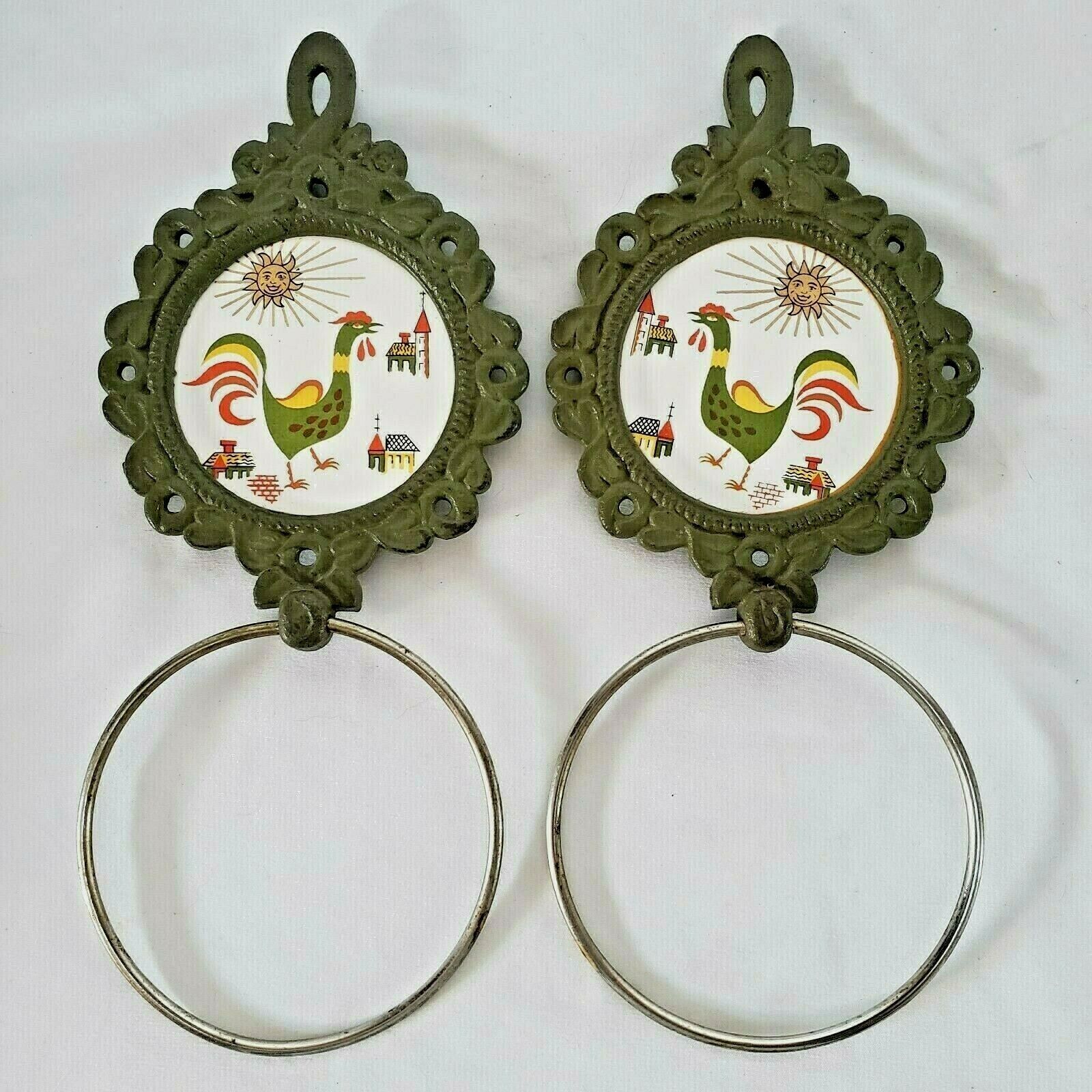 Two (2) Enesco Rooster & Sun Cast Iron Framed Round Tiles with Towel Rings 