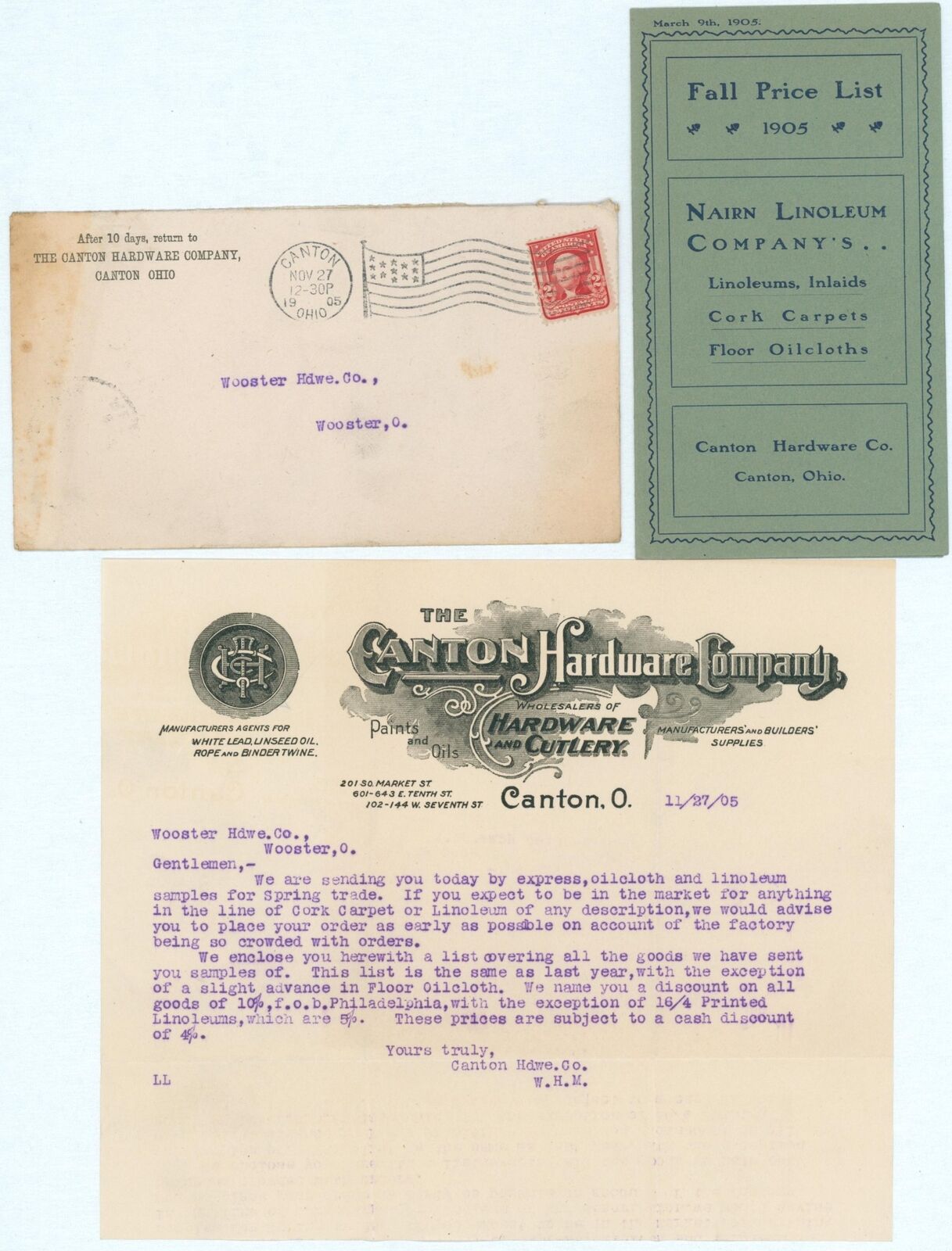 1905 Canton Ohio Hardware Co Letterhead Envelope Nairn Linoleum Trade Booklet 