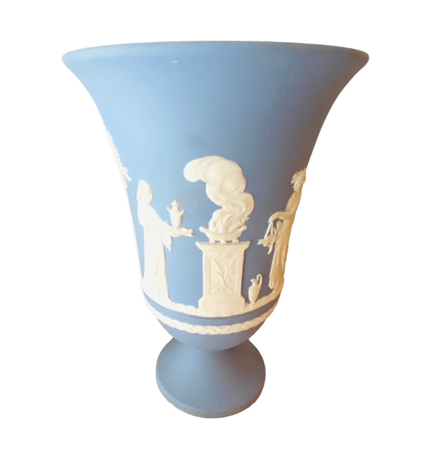 Vintage Wedgwood Jasperware Vase Blue Sacrifice White Classical Figures 7.5 Inch