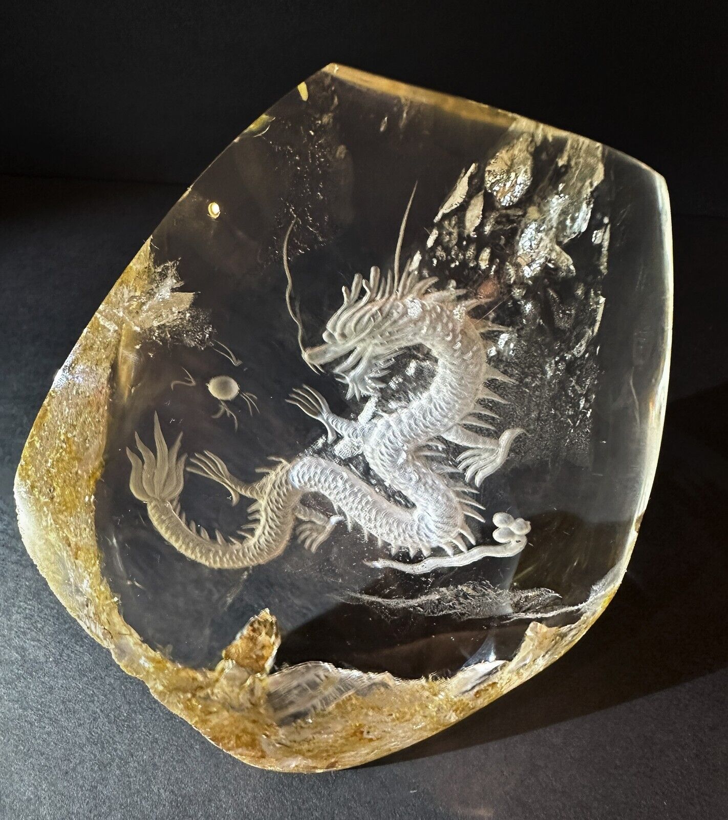 Carved Dragon in Natural Quartz Crystal with Golden Healer