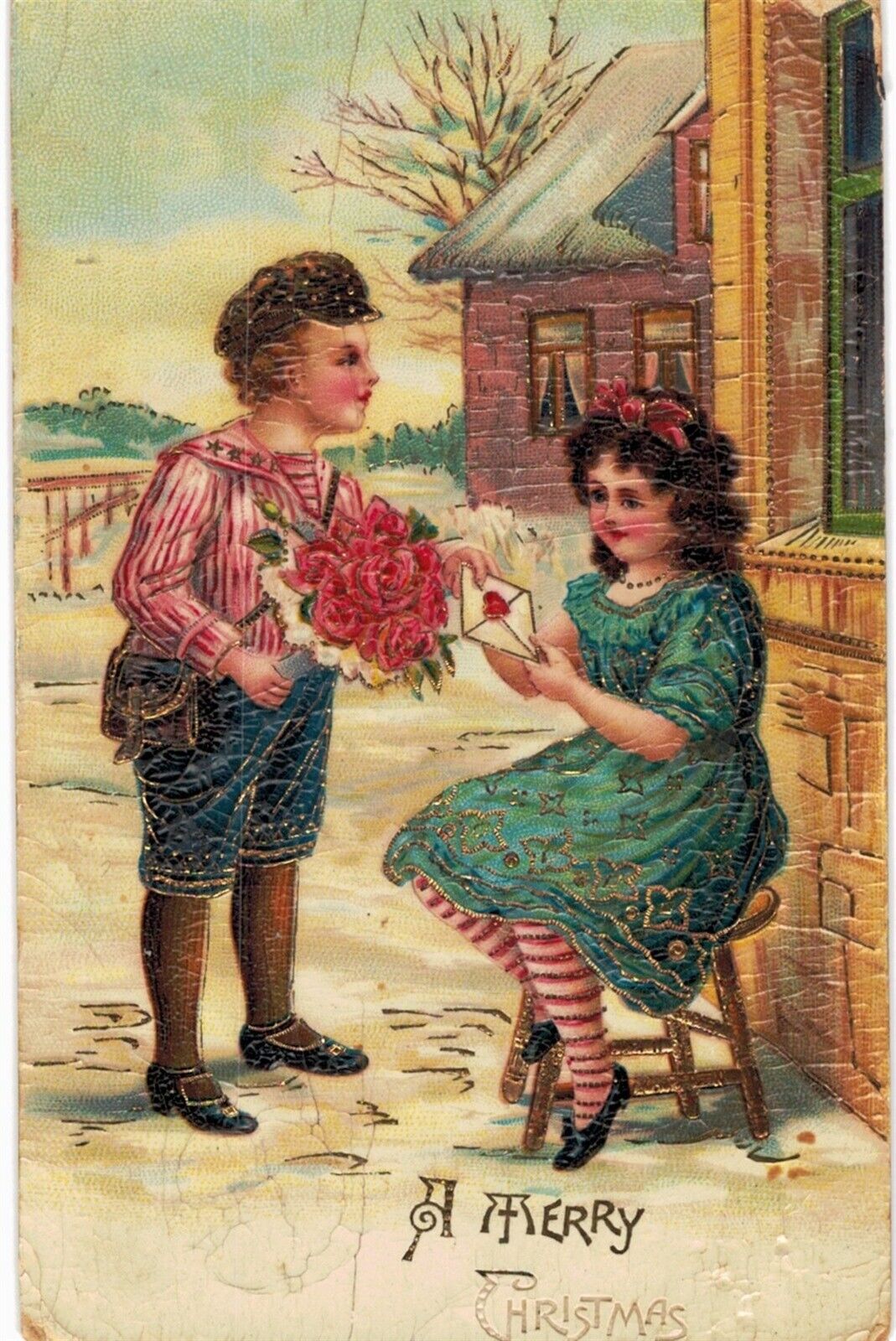 Christmas PFB Boy Gives Girl Flowers Gilded Filigree 1910 