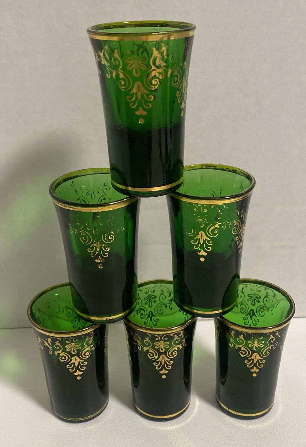 Emerald Green Tall Shot Glasses with Gold Accents / Lot of 6