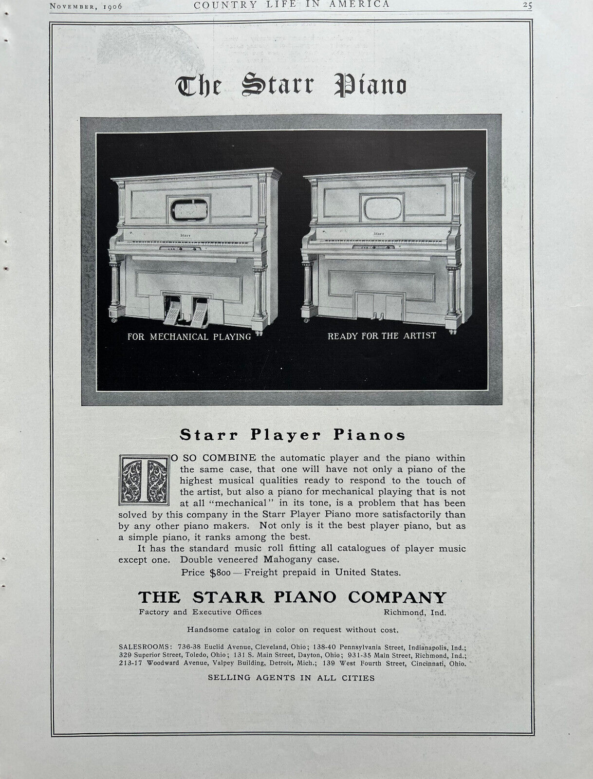 Starr Piano Co Ad 1906, Richmond, IN, Player Pianos $800