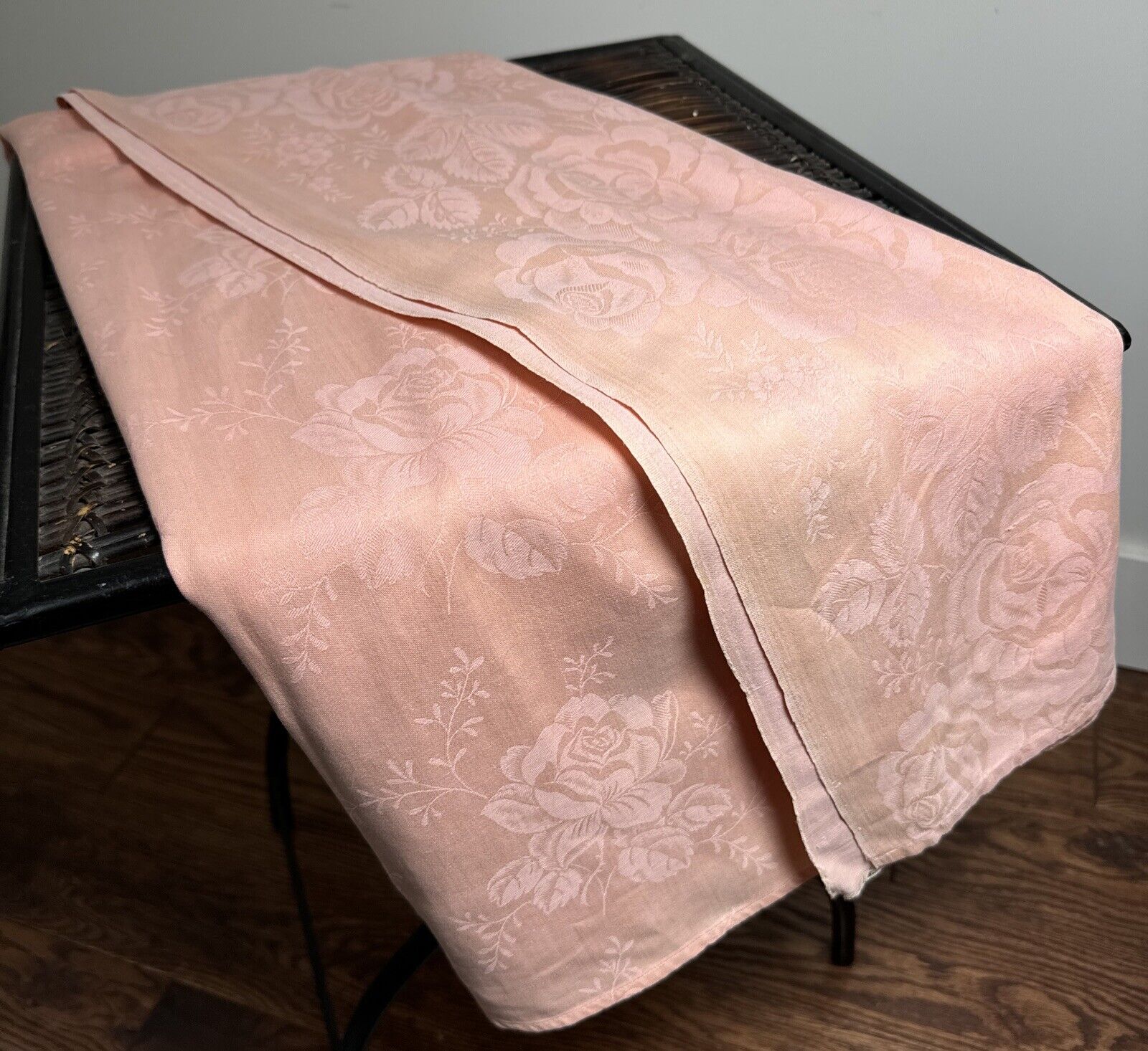Antique Vintage Tablecloth Damask Linen/ Blend Roses Pale Peach Pink FAIR 64x68