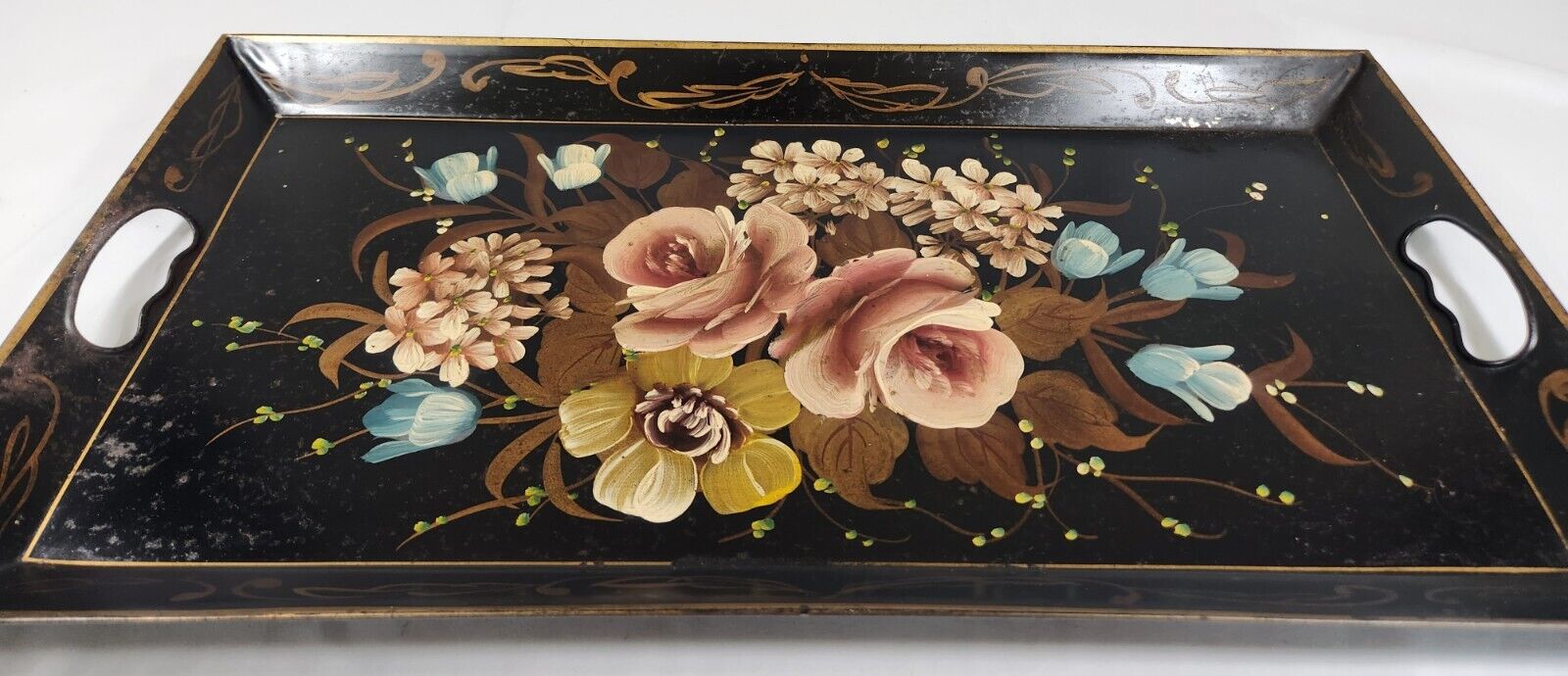 Antique Tole Hand Painted Large Floral Decorative Primitive Tray 22.5\