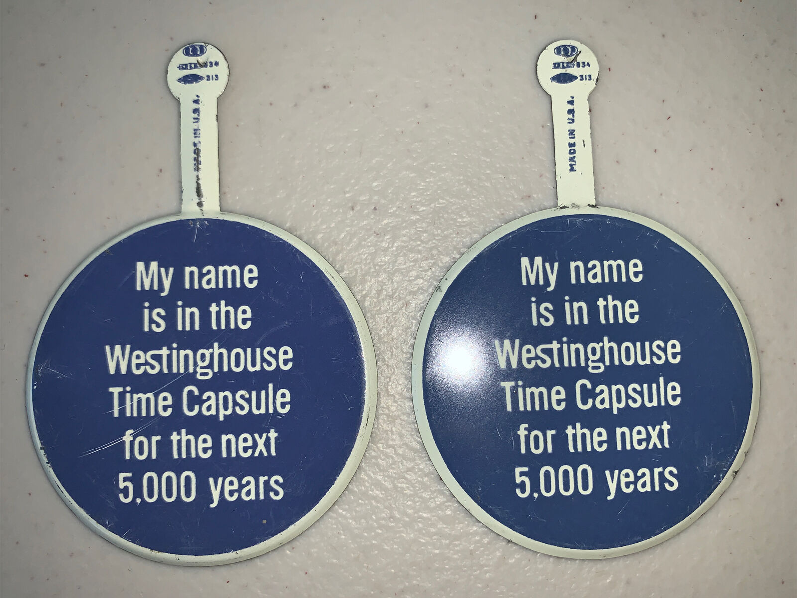 LOT OF 2 1964 NY WORLDS FAIR WESTINGHOUSE TIME CAPSULE BUTTON TAB 5000 Years