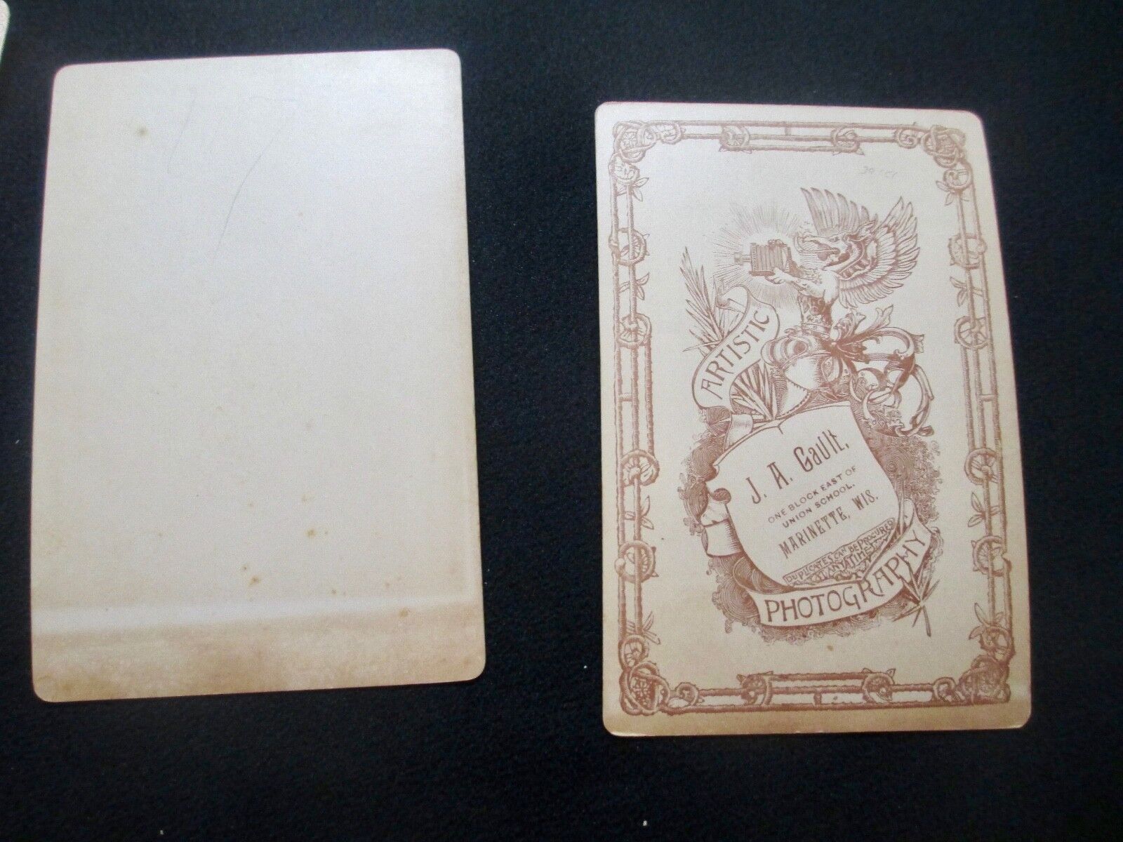 2 ANTIQUE CABINET CARDS PHOTO MENOMONEE MICH MAN GOLD CHAIN & FRIEND BACK STAMP