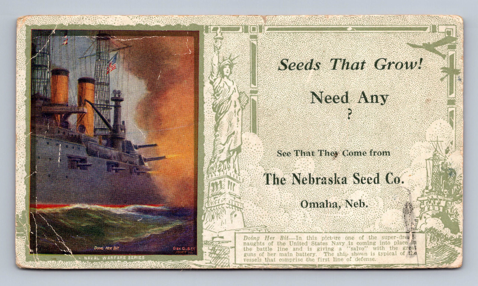 Nebraska Seed Company Advertising Ink Blotter Ship Statue Of Liberty