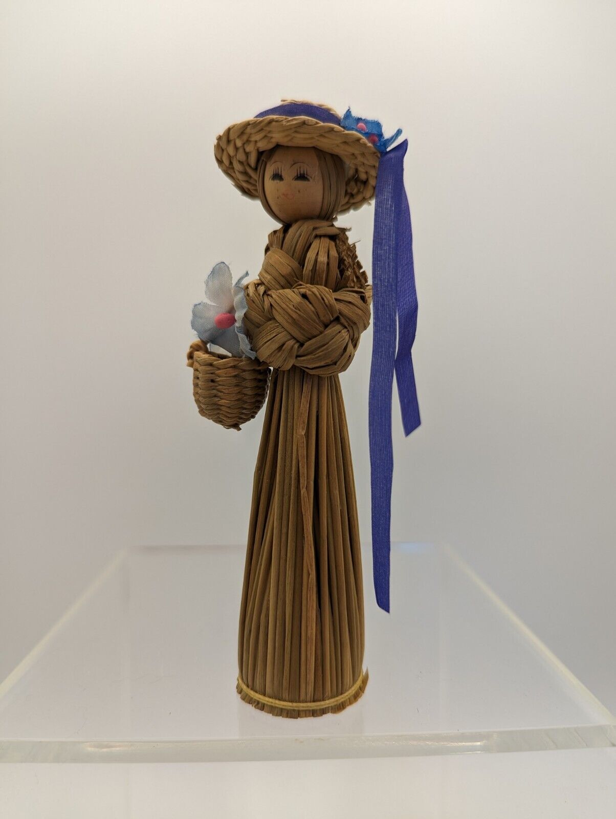 Handmade Corn Husk Doll, Girl Hat Flower Basket, Salzburg Austria, Vintage