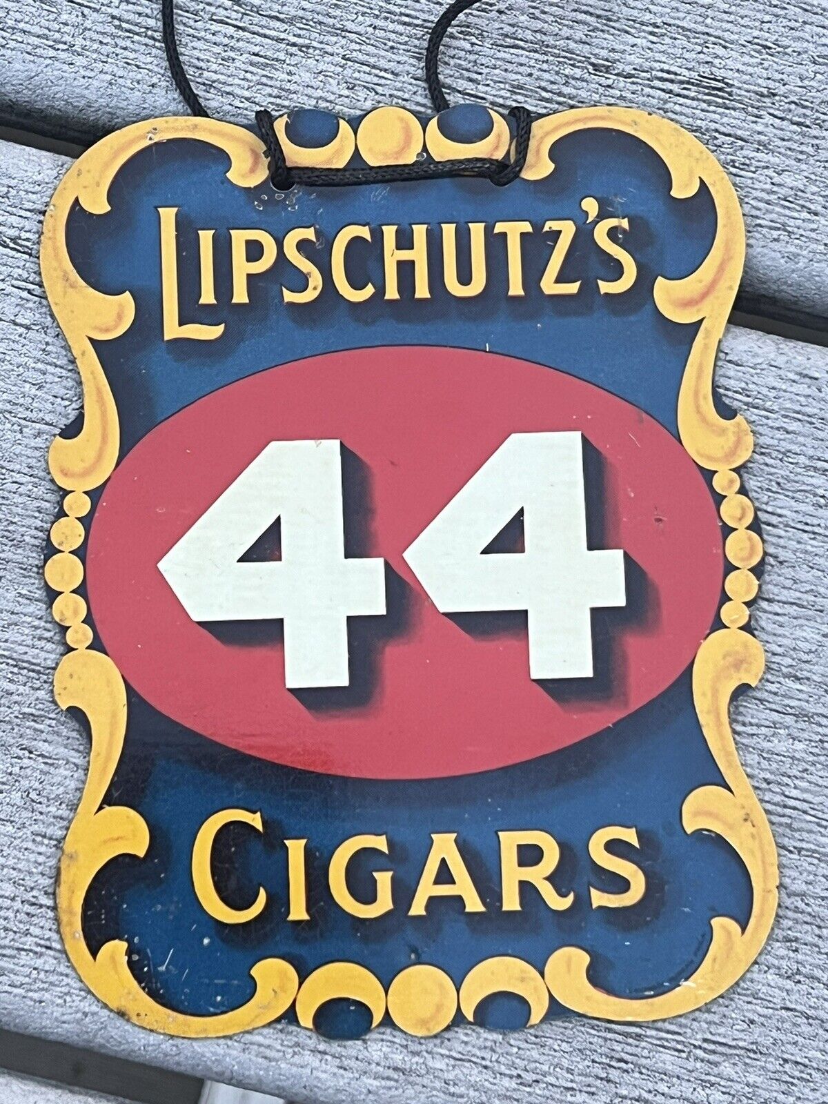 Original Lipschutz’s 44 Cigars Tin Sign Fan Pull RARE 1910s Cigar Tobacco
