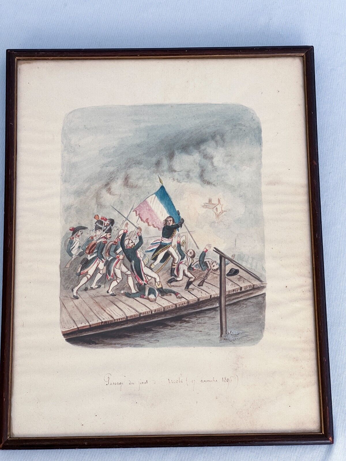 19th C Watercolor Painting Napoleon Battle of Arcole Italy Waterloo Wellington