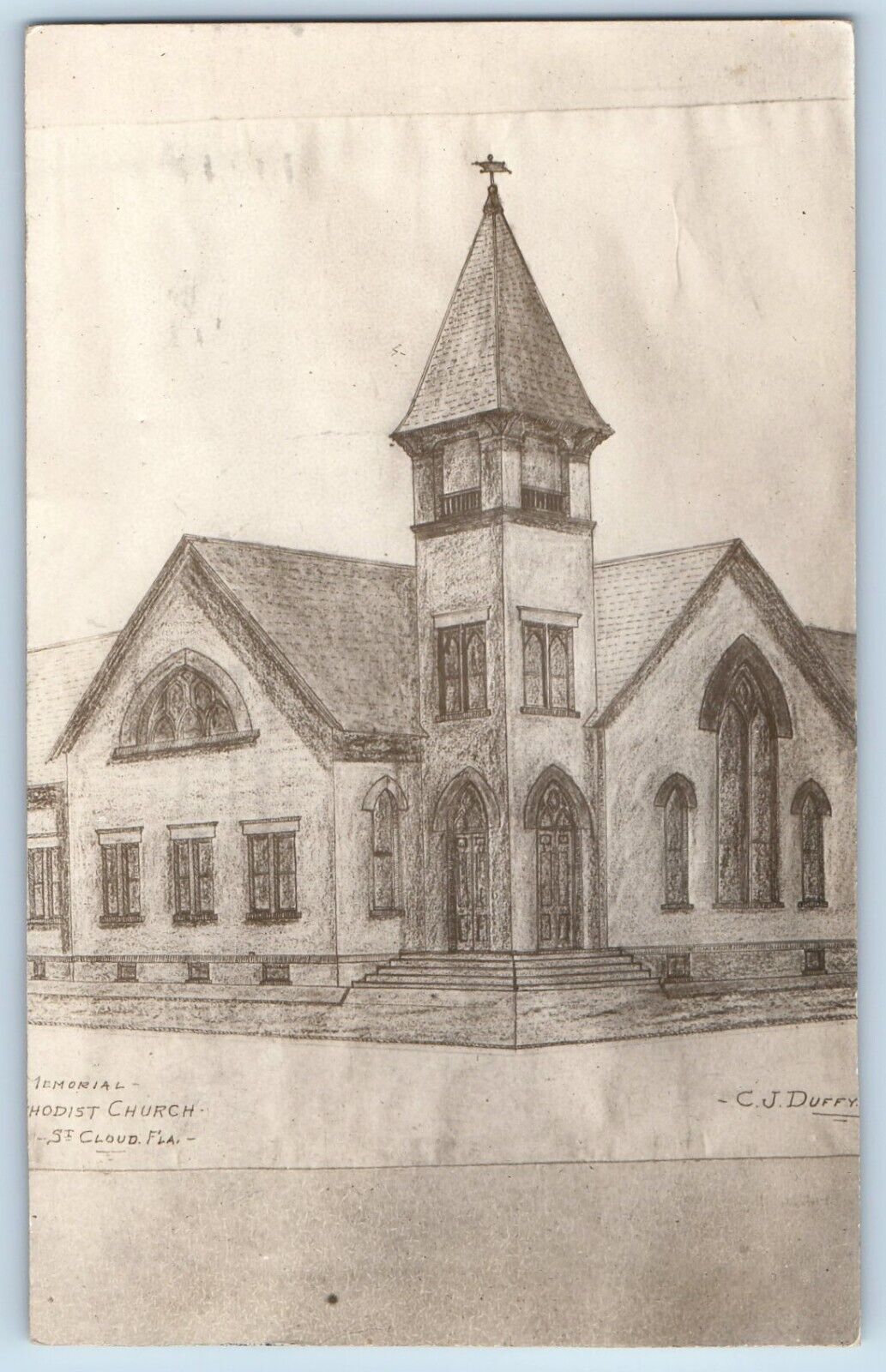 1911 Memorial Methodist Church Sketch Duffy St. Cloud FL RPPC Photo Postcard