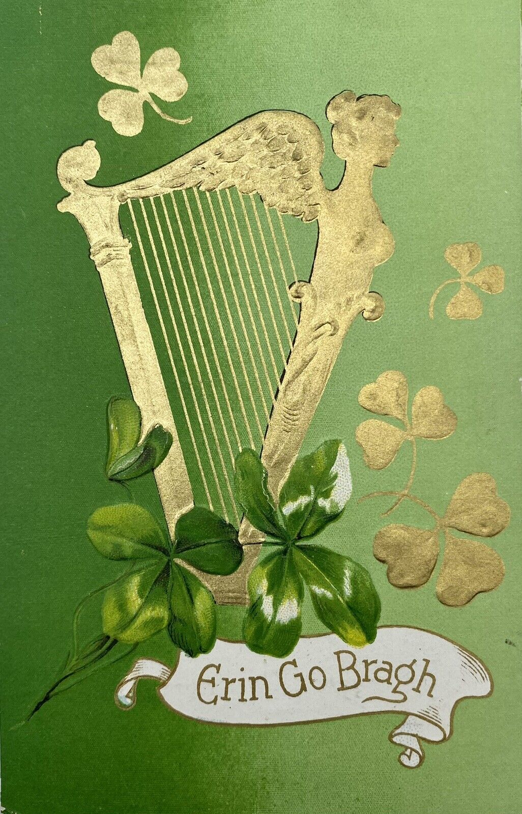 Vintage Antique St Patrick\'s Day Greetings Postcard Erin Go Bragh Harp Clover