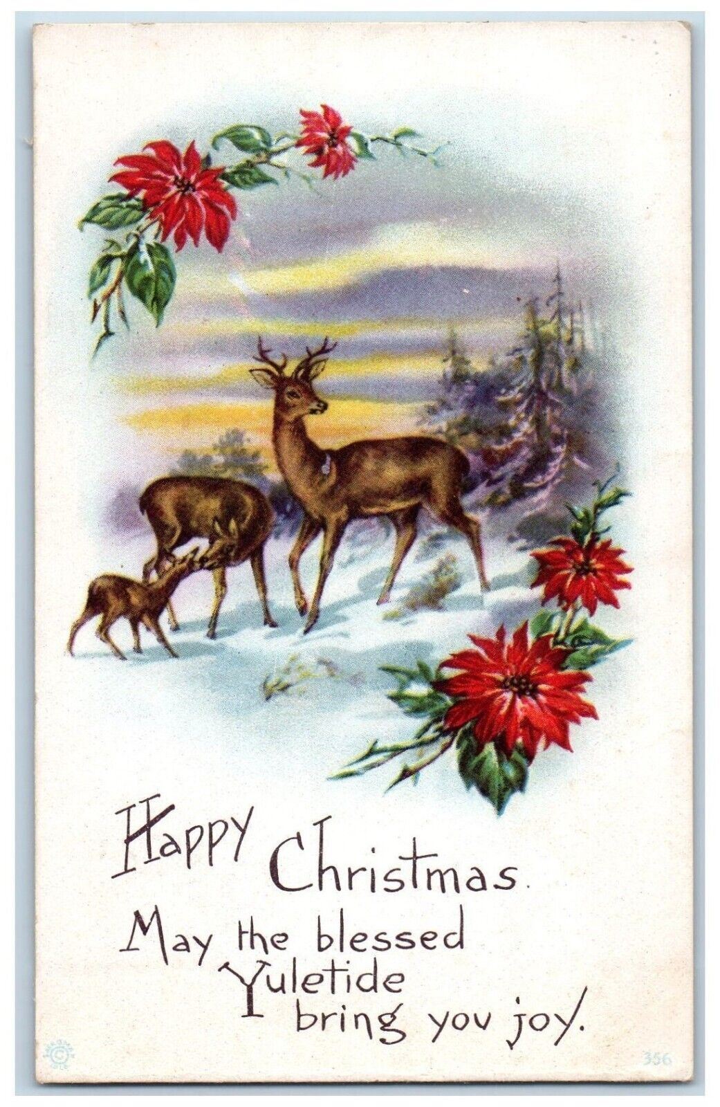 c1910\'s Christmas Deer Pointessia Flowers Winter Mt. Williams VA Posted Postcard
