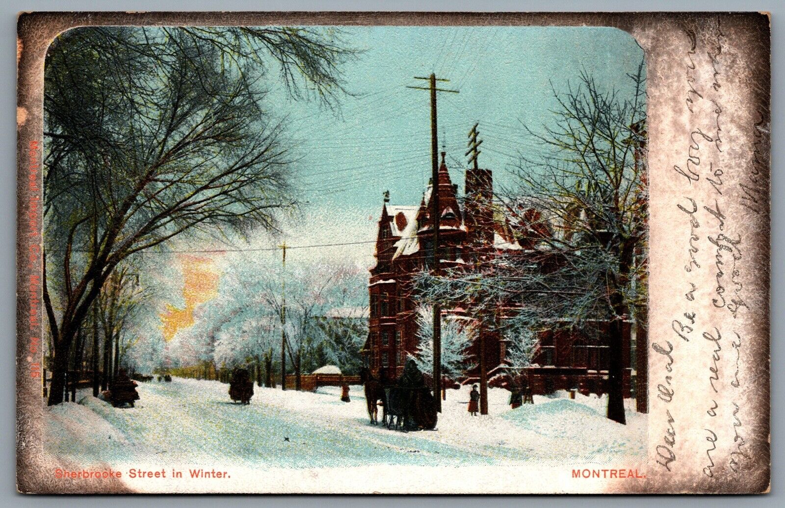 Postcard Montreal PQ c1905 Sherbrooke Street in Winter Split Ring Danville CDS