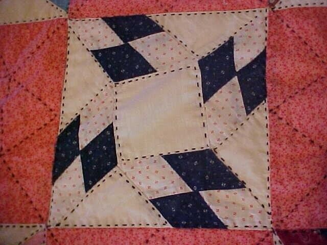 Vintage 1920/30s  QUILT, LOTSA PATTERNED PINK RED w/  BLACK EMBROIDERY